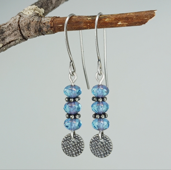 HAND CRAFTED Blue Artisan Glass Silver Rustic Minimalist Dangle Earrings - Picture 2 of 6